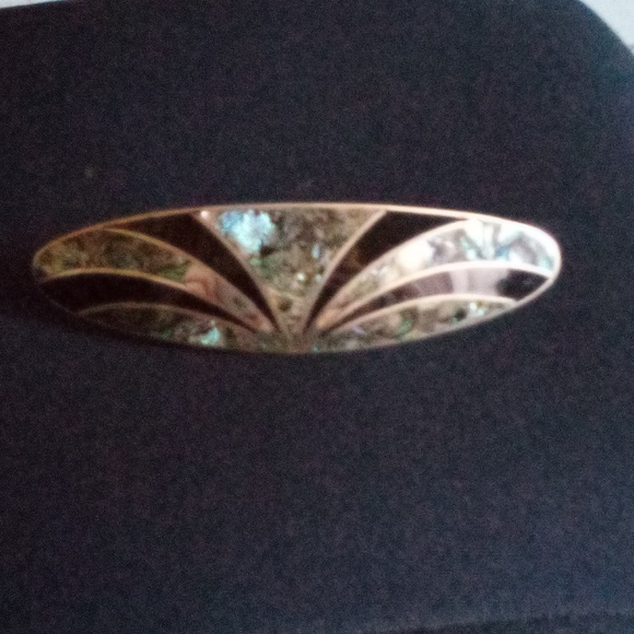 Vintage Alpaca Mexico Black Enamel and Abalone Inlay Barrette - Picture 6 of 6